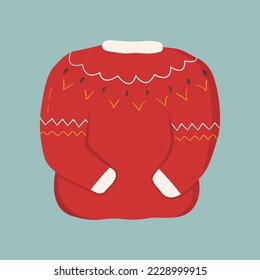 Red winter, autumn sweater with pattern. Christmas warm clothes isolated on blue background in cartoon style. Vector illustration