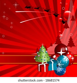 Red winter background with Christmas balls, fir tree shapes, red banner, sleigh of Santa pulled by reindeers, gift boxes and ornated Christmas tree