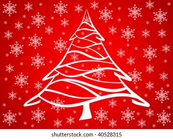 Red winter background with christmas tree and snowflakes. Vector illustration.