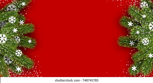 Red winter background with fir branches and white snowflakes. Vector illustration.