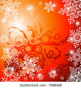 red winter background - floral ornament & snowflakes