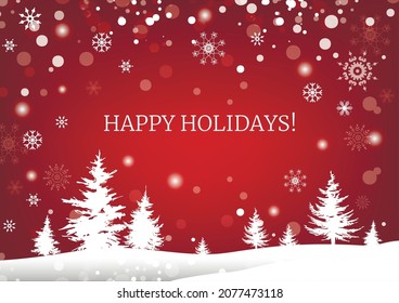 Red winter background. Merry Happy holidays postcard template with winter forest. Festive banner. Vector illustration.
