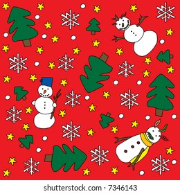 Fondo rojo de invierno con nevados, copos de nieve, pinos y estrellas