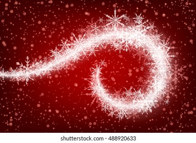 Red winter background with whirl of snowflakes. Vector illustration.