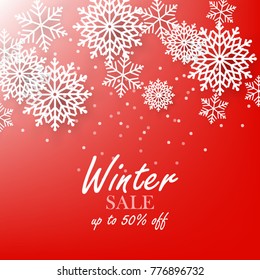 Red winter background with white snowflake sale banner