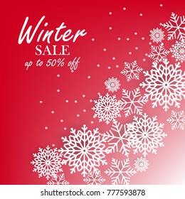 Red winter background with white snowflake sale banner