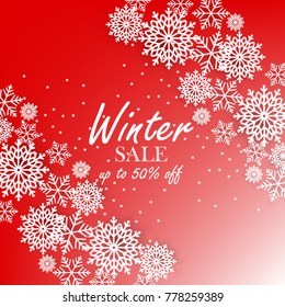 Red winter background with white snowflake sale banner