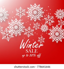Red winter background with white snowflake sale banner