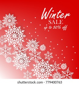 Red winter background with white snowflake sale banner