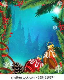 Red winter berries, Christmas ornaments with ribbon and fir tree branches on blue background
