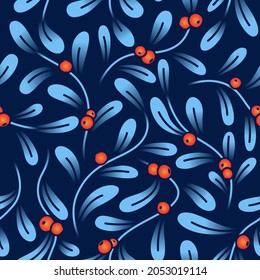 Red winter berries seamless pattern. Fashion christmas ornament with lingonberry and branches of rowan tree