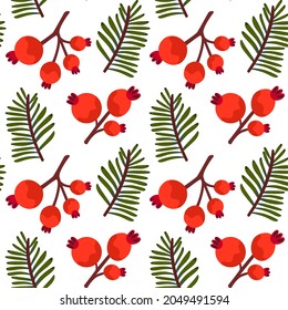 Red winter berries and spruce branches, seamless pattern design. Christmas botanical background.