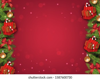Red winter christmas background template with border of fir tree branches, gifts, ribbon and balls for decoration, realistic vector illustration.