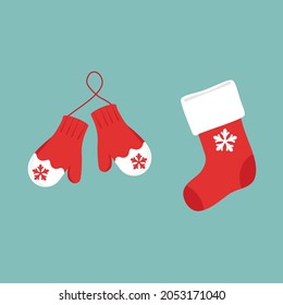 Red winter clothes with snowflake. Christmas present sock and mittens. Vector icon set