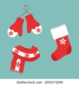 Red winter clothes with snowflake. Christmas present sock, scarf and mittens. Vector icon set