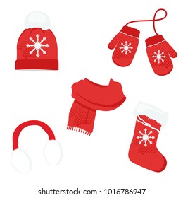 Red Winter Clothes With Snowflake. Knitted Hat, Christmas Sock, Ear Muffs Scarf And Mittens. Vector Icon Set