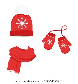 Red winter clothes with snowflake. Knitted hat, scarf and mittens. Vector icon set