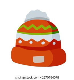 Red Winter clothing for the head. Flat cartoon illustration isolated on white background. Knitted Hat.
