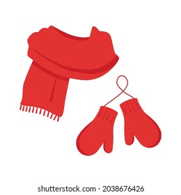 Red winter collection. Scarf and mittens. Vector icon set