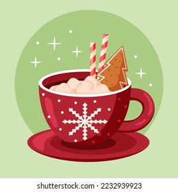 Red winter cup with hot chocolate and marshmallows. Flat vector illustration.