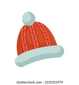 Red winter hat for babies and kids cartoon illustration. Hand drawn winter cap on white background. Childrens wardrobe, fashion concept