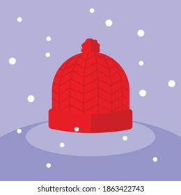 Red winter hat. blue background. for winter and holidays. flat design vector
