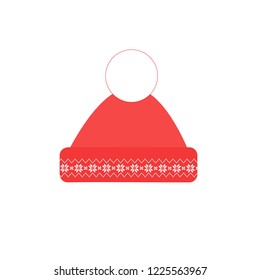 Red winter hat with ornament in flat style. Vector illustration. Eps 10