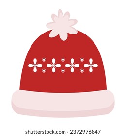 Red winter hat with ornament, knitted winter headdress, warm clothes.