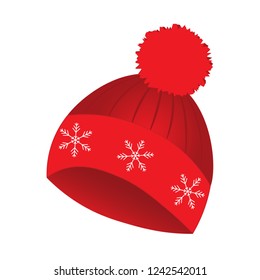 Red winter hat with pompom, vector illustration.