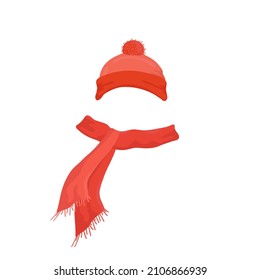 Red winter hat and scarf. Flat illustration isolated on white background.