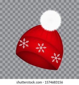 Sombrero rojo de invierno con pompom blanco, ilustración vectorial.