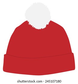 Red winter hat with white pompom vector isolated, snowboarding hat