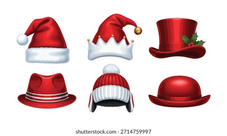 Red Winter Festiva Sombreros Vector Set Santa Elf Fedora Bowler