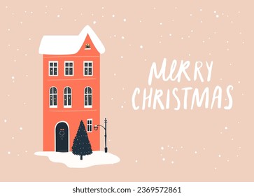 Red winter house, falling snow and handwritten text merry christmas. Simple modern greeting card design.