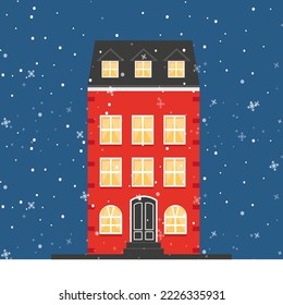 Red winter house. Vector graphics in flat cartoon style