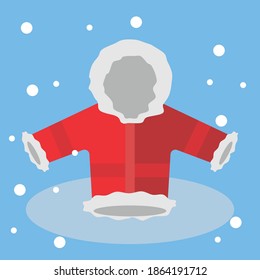 Red winter jacket. Blue and snow background. Winter. Flat design vector