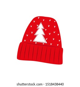 Red winter knitted Christmas Hat with christmas tree applique. Vector illustration. 