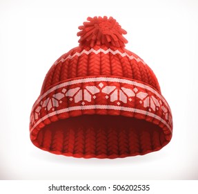 Red Winter Knitted Hat. 3d Vector Icon