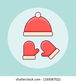 Red winter knitted hat and mittens flat line icon. Vector illustration.