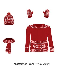 Red winter knitted set. vector illustration