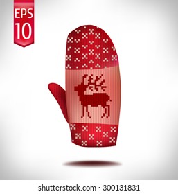 red winter mittens with the Norwegian pattern on a white background. vector illustration