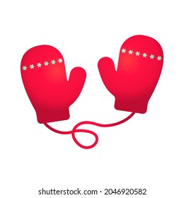Red winter mittens on rope. Christmas or New Year's symbol. Element of greeting card, invitation, flyer. Logo. Gradient. Vector illustration in cartoon style, isolated on white background