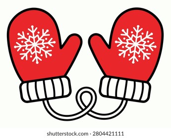 Red winter mittens with snowflake design connected by string creating cozy seasonal holiday atmosphere