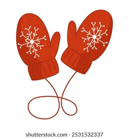 Red winter mittens with snowflakes. Isolated vector element on a white background for children s books, postcards, banners, educational illustrations.