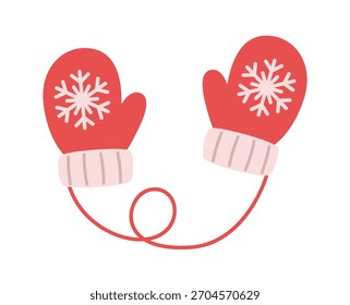 Mitones de invierno rojos con puño blanco y copo de nieve blanco. Ilustración vectorial de estilo plano colorido. Ideal para decoración invernal, Elementos de diseño navideños, gráficos festivos y temas de celebración de temporada