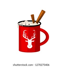 Red winter mug illustration.  Cup, cinnamon, hot. Christmas concept. Vector illustration can be used for topics like cafe, cooking, drinking