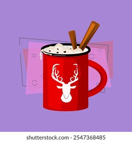 Red winter mug illustration.  Cup, cinnamon, hot. Christmas concept. Vector illustration can be used for topics like cafe, cooking, drinking