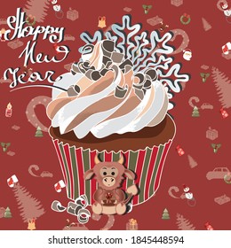 Tarjeta roja de patrón invernal con quequitos e inscripción 'Feliz Año Nuevo'.