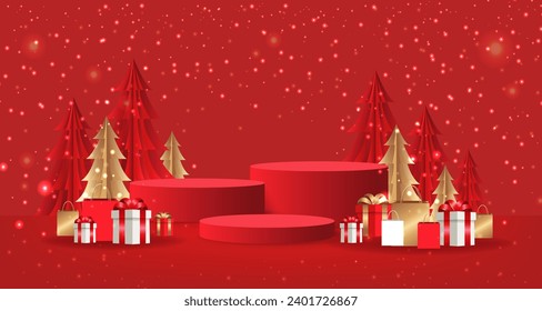 Red Winter Poster Postcard Wit hFir Tree And Gift Box With Gradient Mesh, Vector Illustration