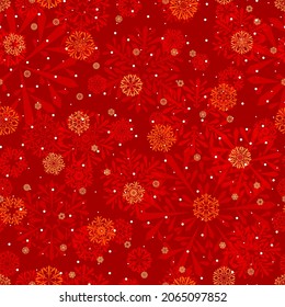 fondo repetitivo de invierno rojo con puntos dorados y copos de nieve. patrón sin costuras vectorial. muestra de tela. papel envolvente. impresión continua. plantilla de diseño para tarjeta de saludo, banner, invitación, volante